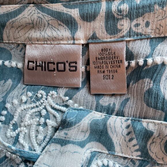 Chico's Blue Floral Longsleeve Semi Sheer Silk Embroidered Boho Peasant Top 2 - Picture 9 of 11